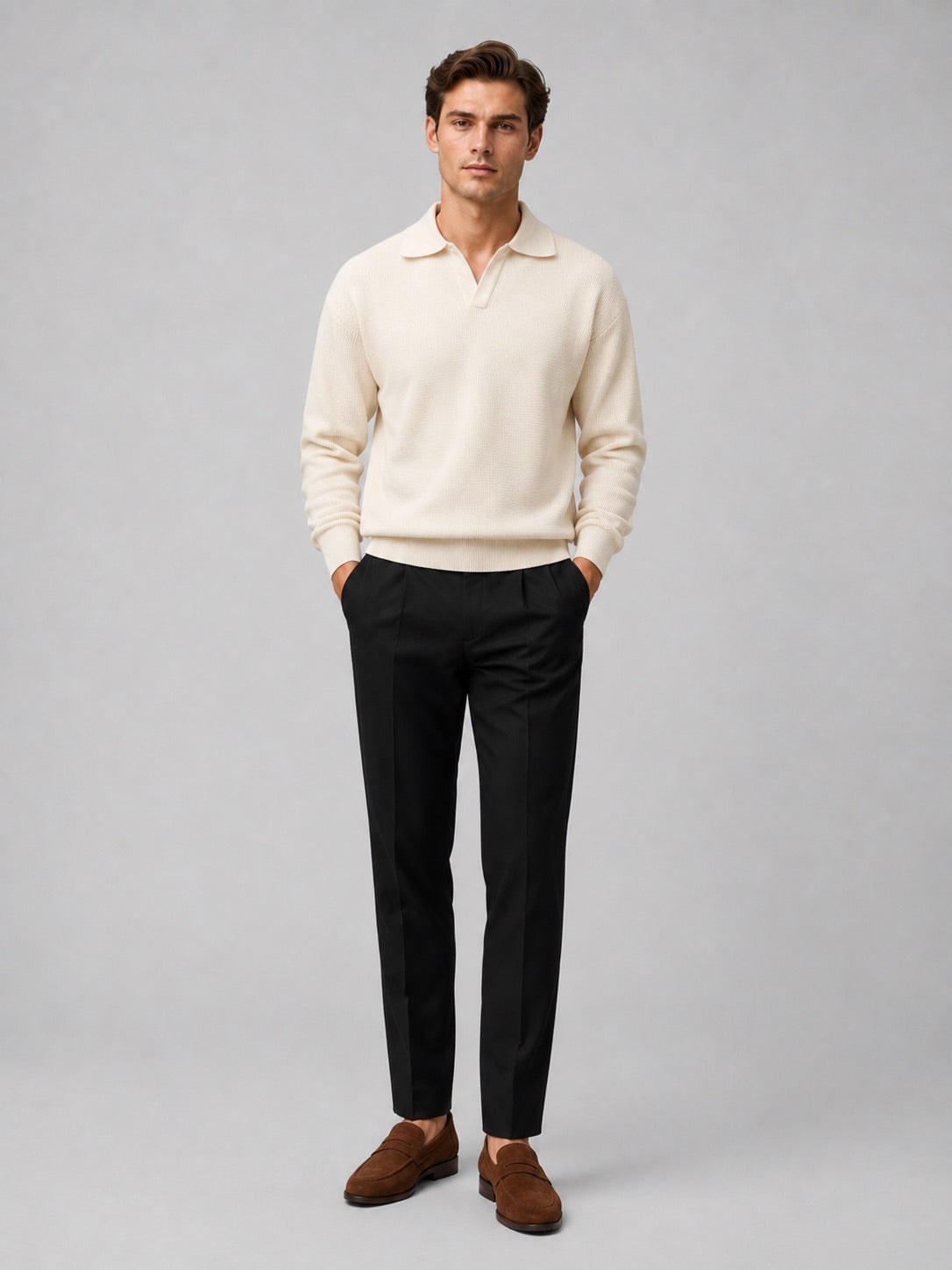 Men’s Knit Johnny Collar Long Sleeve Polo V-Neck Turn-Down Collar Autumn Casual Jumper for Business Casual and Everyday Wear