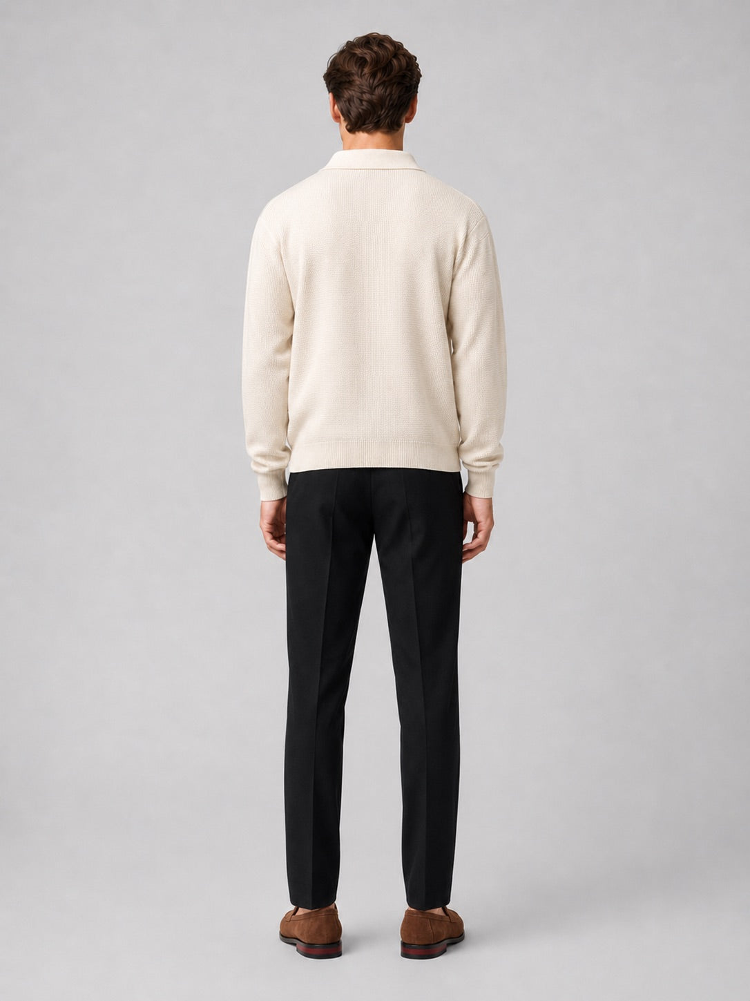 Men’s Knit Johnny Collar Long Sleeve Polo V-Neck Turn-Down Collar Autumn Casual Jumper for Business Casual and Everyday Wear