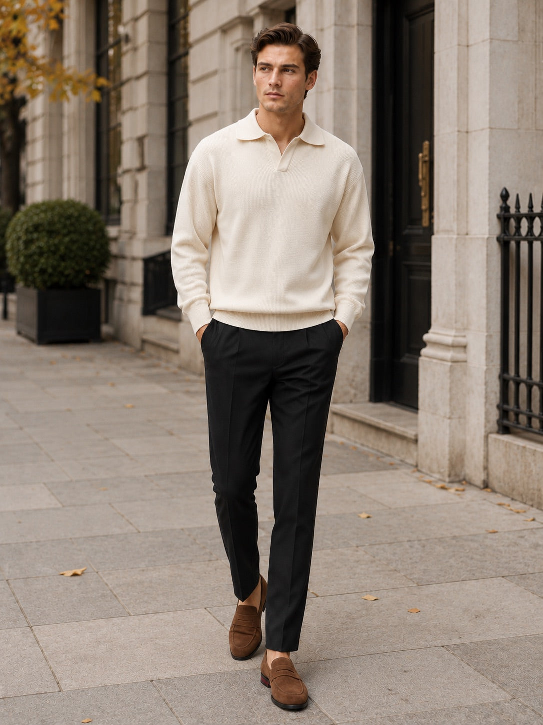Men’s Knit Johnny Collar Long Sleeve Polo V-Neck Turn-Down Collar Autumn Casual Jumper for Business Casual and Everyday Wear