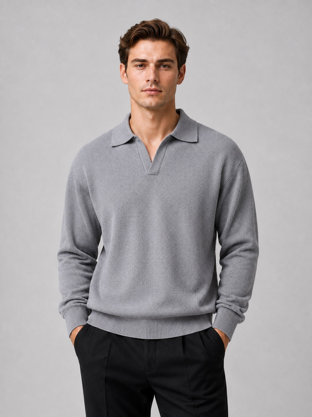 Men’s Knit Johnny Collar Long Sleeve Polo V-Neck Turn-Down Collar Autumn Casual Jumper for Business Casual and Everyday Wear