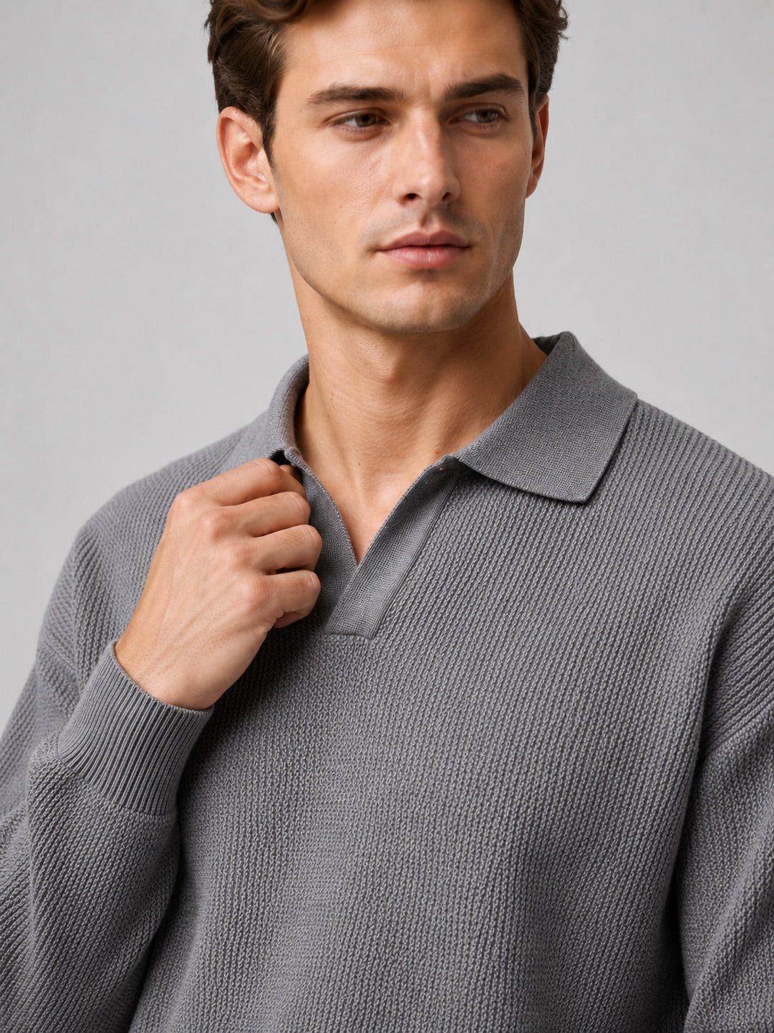 Men’s Knit Johnny Collar Long Sleeve Polo V-Neck Turn-Down Collar Autumn Casual Jumper for Business Casual and Everyday Wear