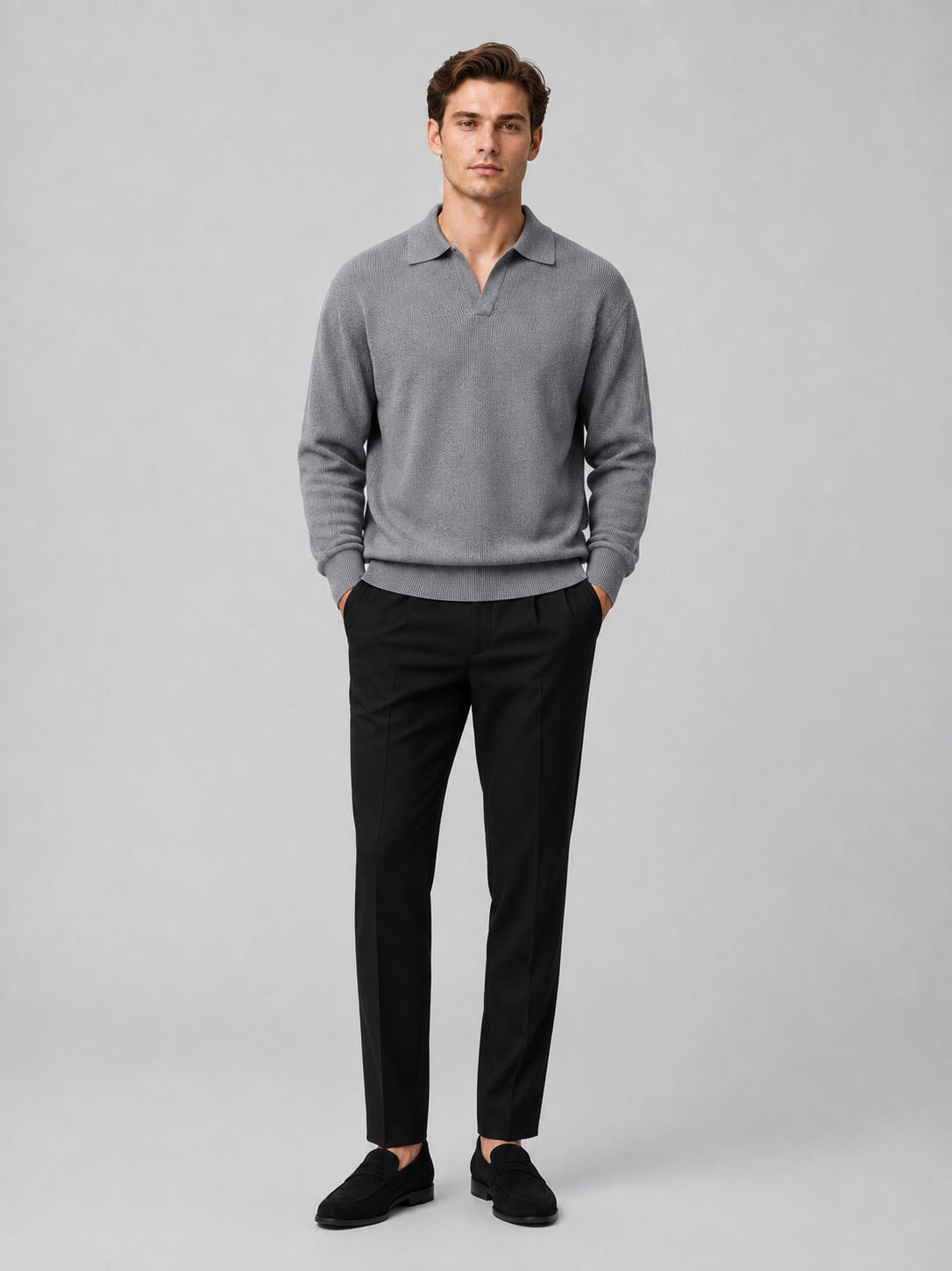 Men’s Knit Johnny Collar Long Sleeve Polo V-Neck Turn-Down Collar Autumn Casual Jumper for Business Casual and Everyday Wear