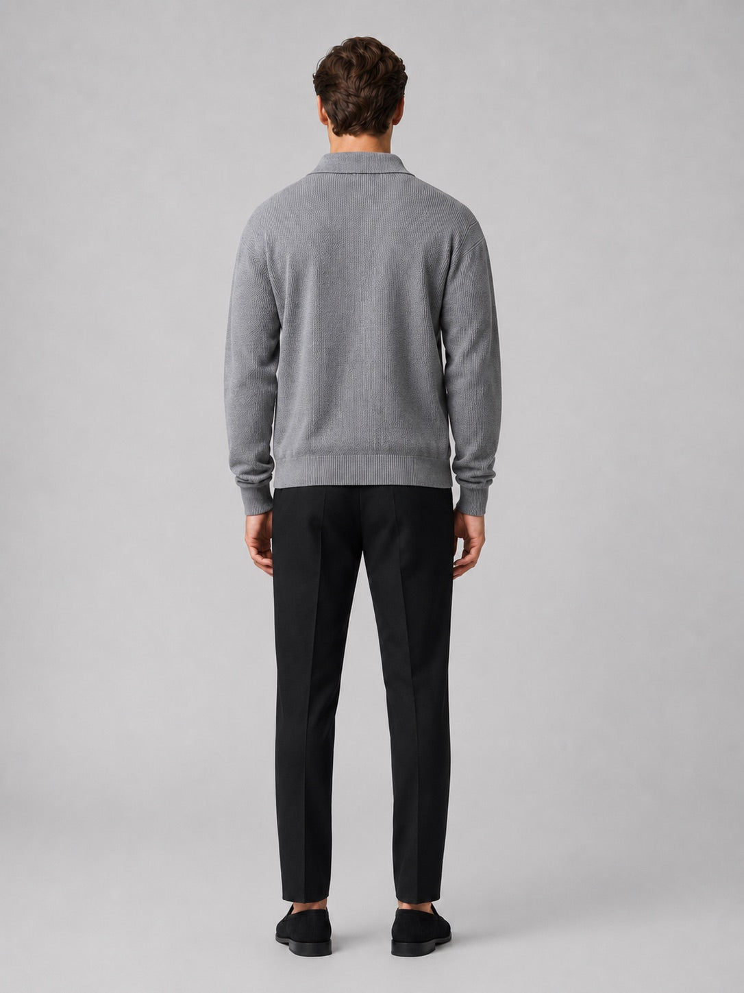 Men’s Knit Johnny Collar Long Sleeve Polo V-Neck Turn-Down Collar Autumn Casual Jumper for Business Casual and Everyday Wear
