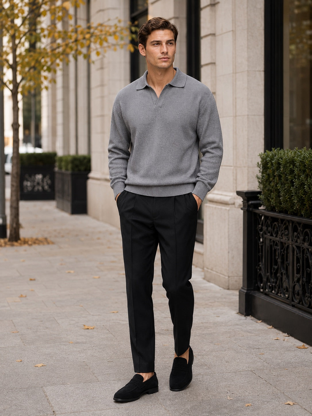 Men’s Knit Johnny Collar Long Sleeve Polo V-Neck Turn-Down Collar Autumn Casual Jumper for Business Casual and Everyday Wear