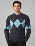Men’s Argyle Cable Knit Jumper Mock Neck Patchwork Warm Autumn Winter Pullover for Business Casual and Everyday Wear