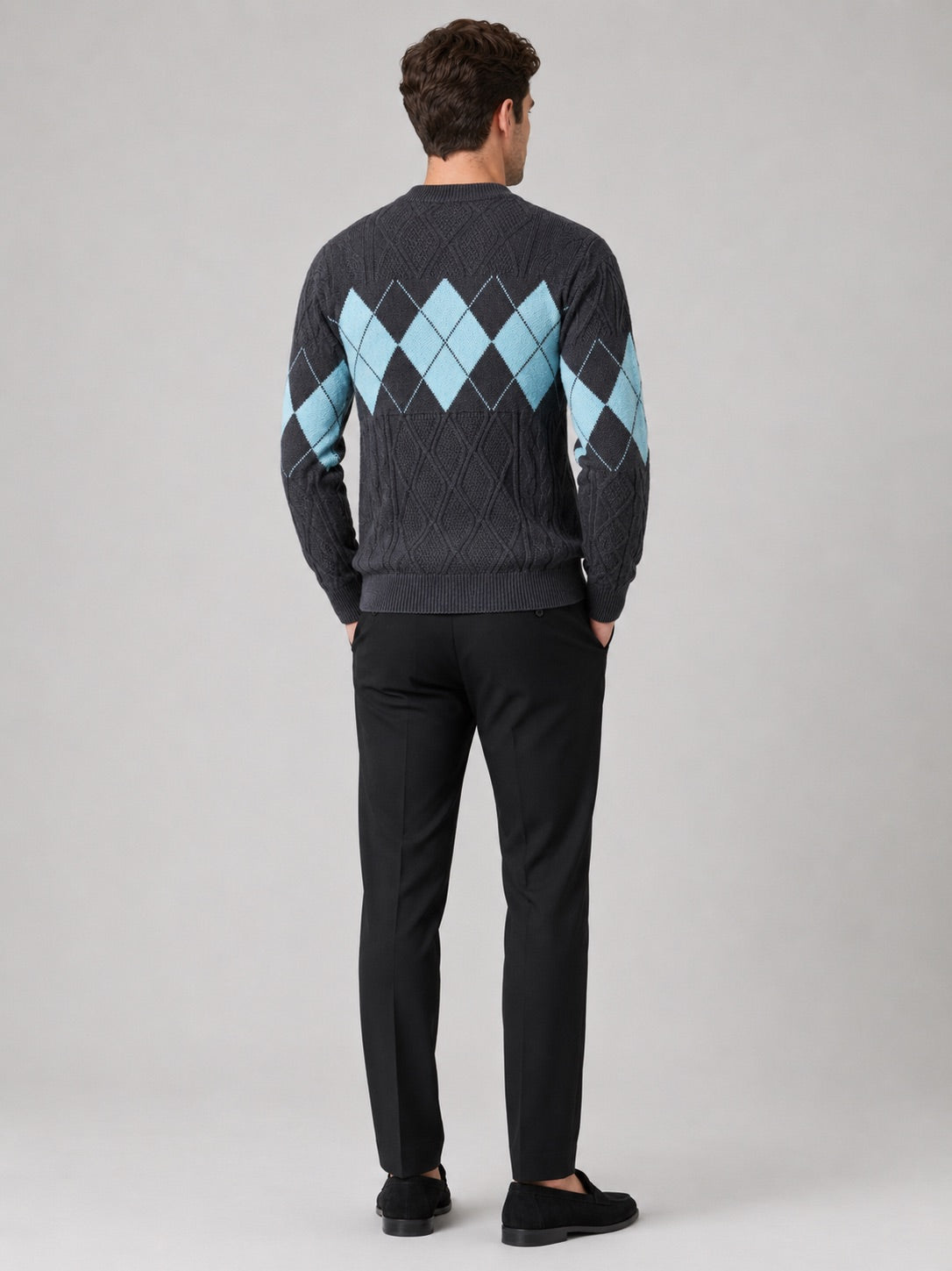 Men’s Argyle Cable Knit Jumper Mock Neck Patchwork Warm Autumn Winter Pullover for Business Casual and Everyday Wear
