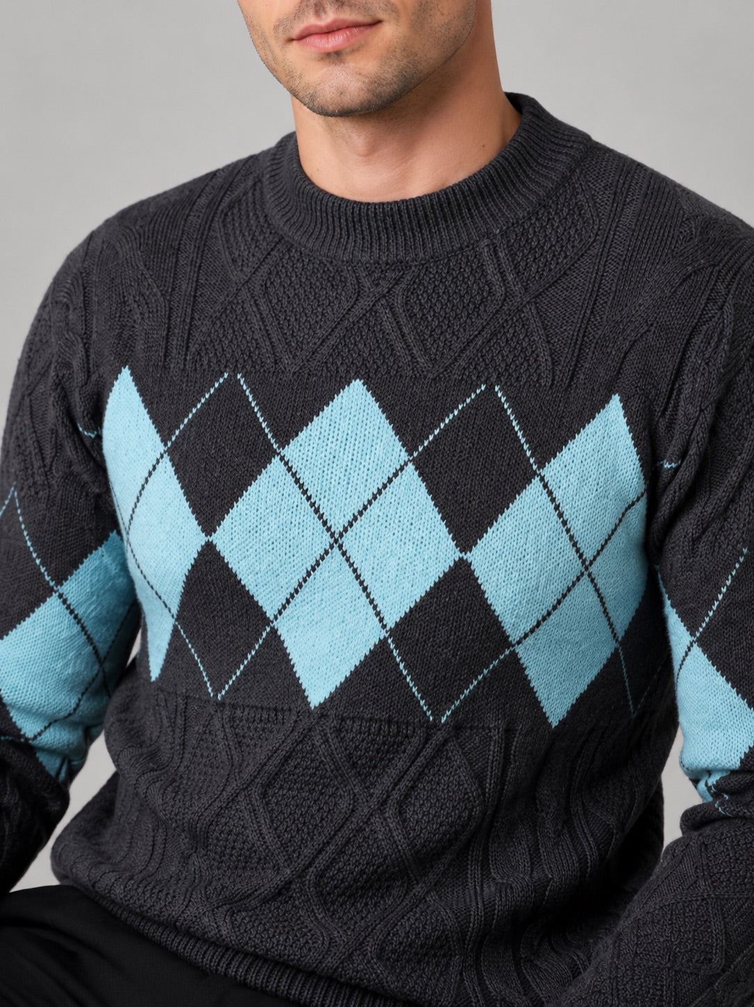 Men’s Argyle Cable Knit Jumper Mock Neck Patchwork Warm Autumn Winter Pullover for Business Casual and Everyday Wear