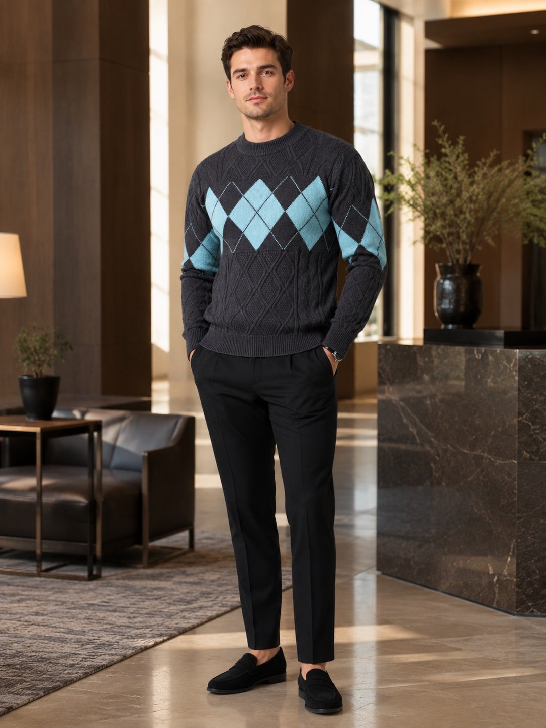 Men’s Argyle Cable Knit Jumper Mock Neck Patchwork Warm Autumn Winter Pullover for Business Casual and Everyday Wear