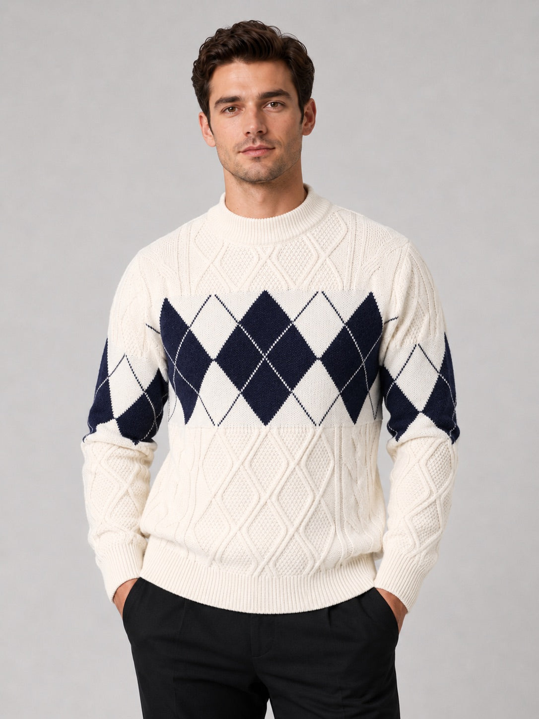 Men’s Argyle Cable Knit Jumper Mock Neck Patchwork Warm Autumn Winter Pullover for Business Casual and Everyday Wear