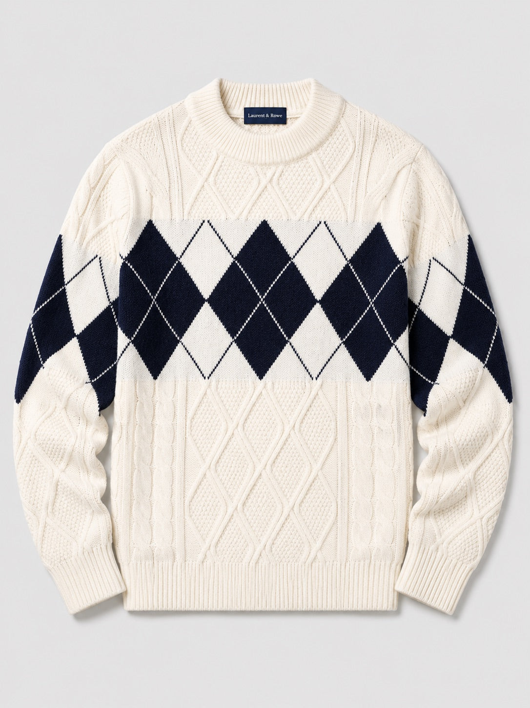 Men’s Argyle Cable Knit Jumper Mock Neck Patchwork Warm Autumn Winter Pullover for Business Casual and Everyday Wear