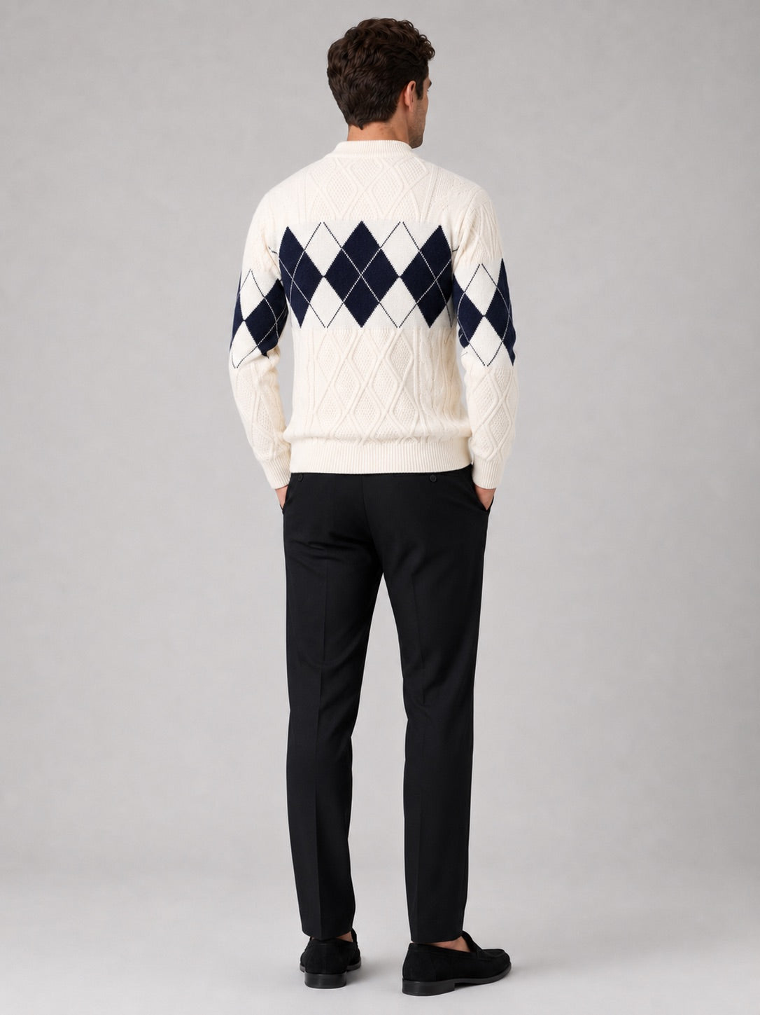 Men’s Argyle Cable Knit Jumper Mock Neck Patchwork Warm Autumn Winter Pullover for Business Casual and Everyday Wear