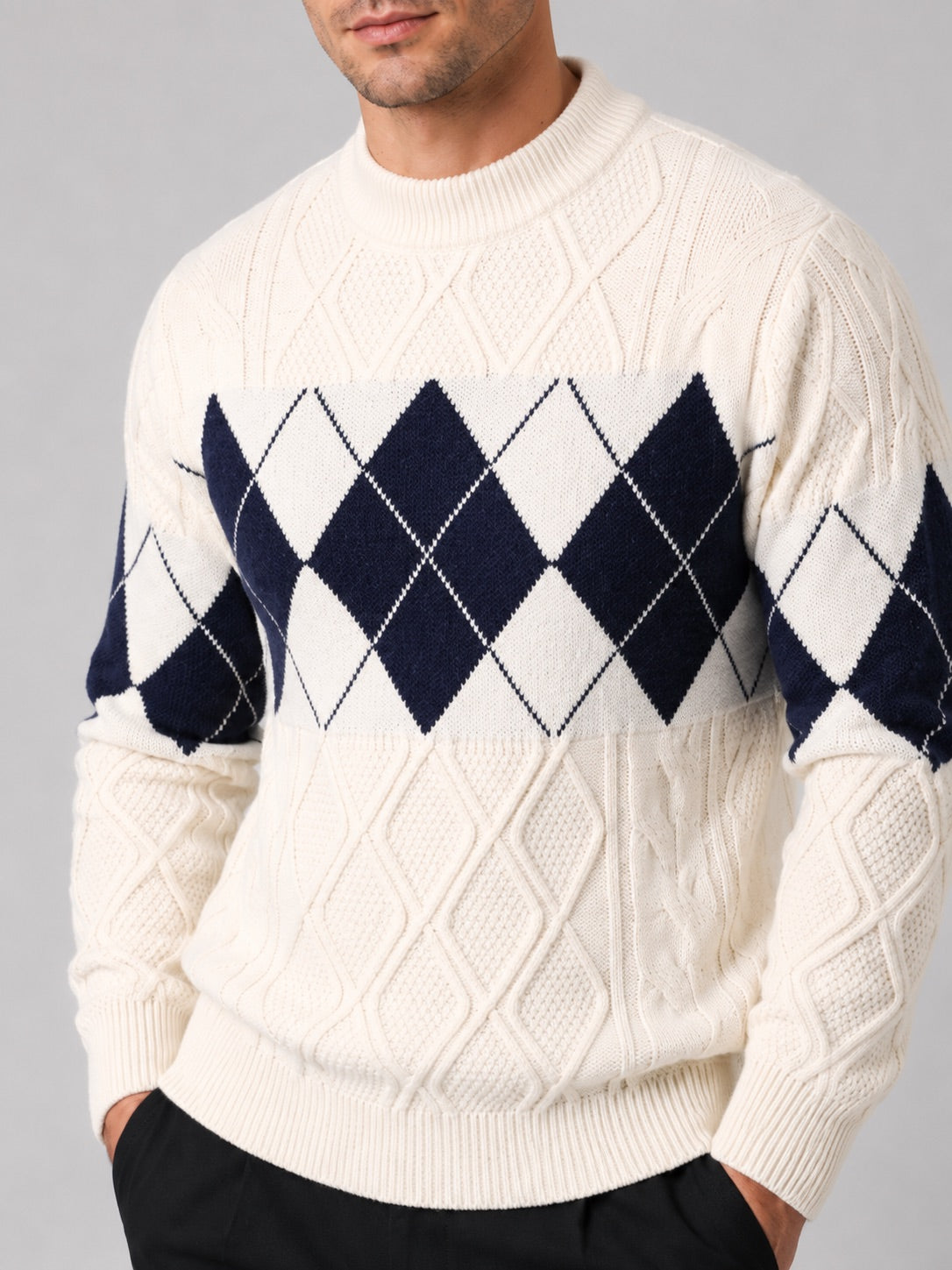 Men’s Argyle Cable Knit Jumper Mock Neck Patchwork Warm Autumn Winter Pullover for Business Casual and Everyday Wear