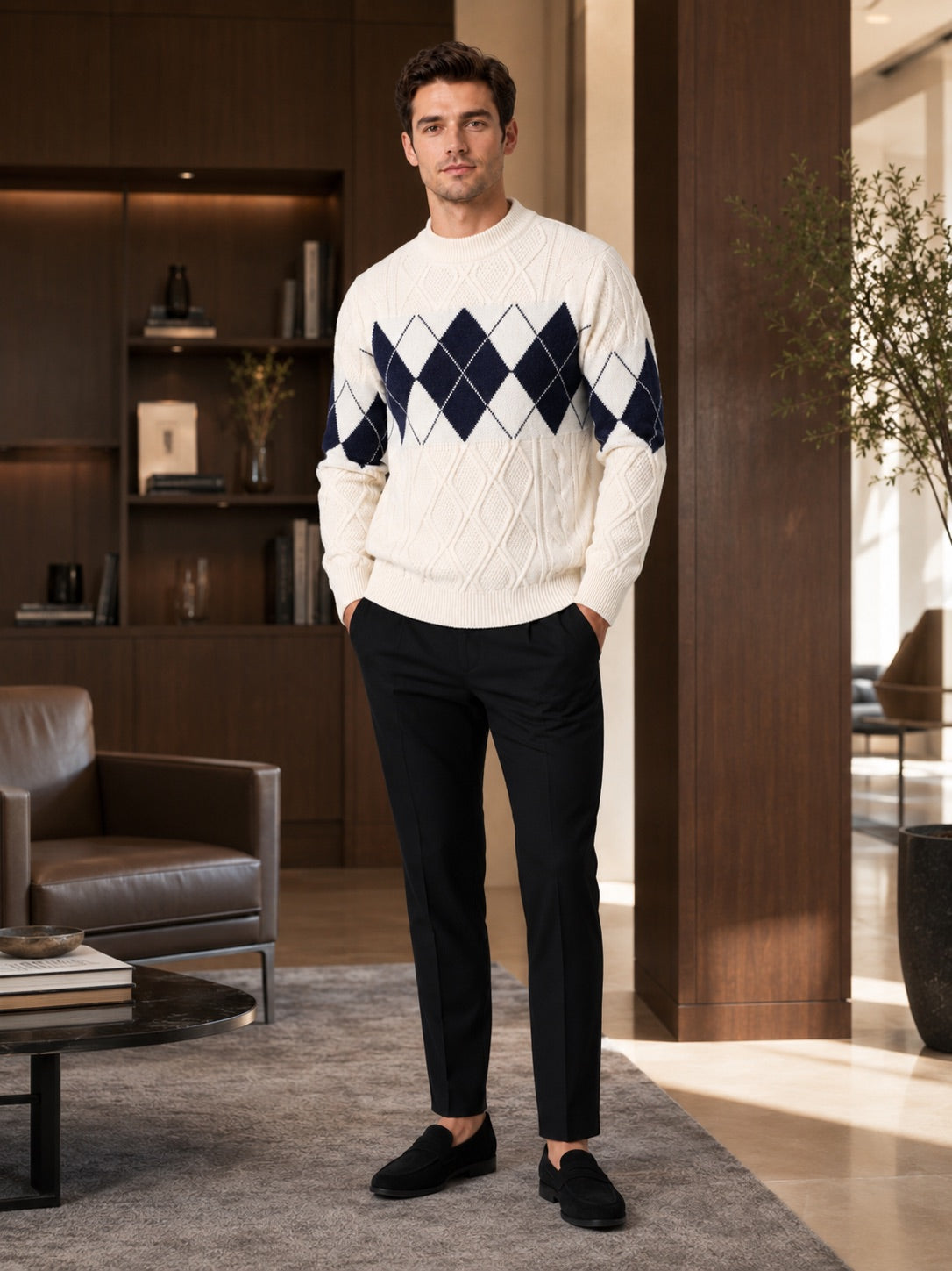 Men’s Argyle Cable Knit Jumper Mock Neck Patchwork Warm Autumn Winter Pullover for Business Casual and Everyday Wear