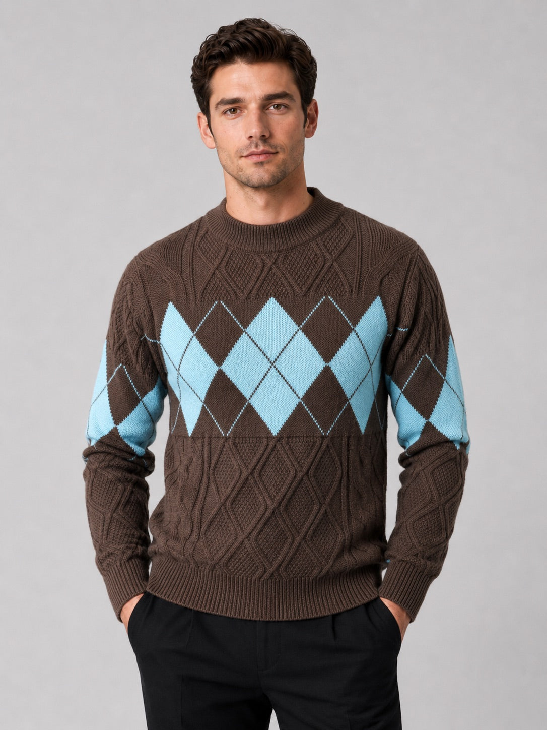 Men’s Argyle Cable Knit Jumper Mock Neck Patchwork Warm Autumn Winter Pullover for Business Casual and Everyday Wear