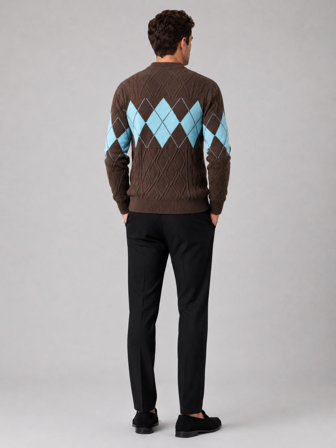 Men’s Argyle Cable Knit Jumper Mock Neck Patchwork Warm Autumn Winter Pullover for Business Casual and Everyday Wear