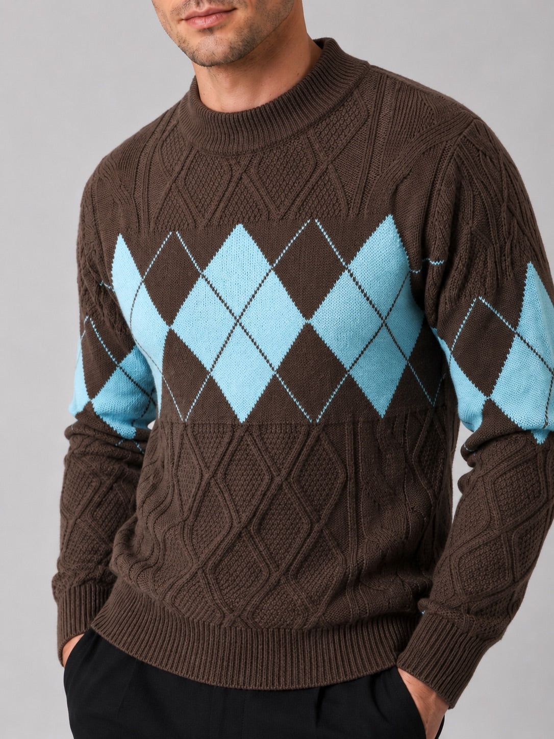 Men’s Argyle Cable Knit Jumper Mock Neck Patchwork Warm Autumn Winter Pullover for Business Casual and Everyday Wear