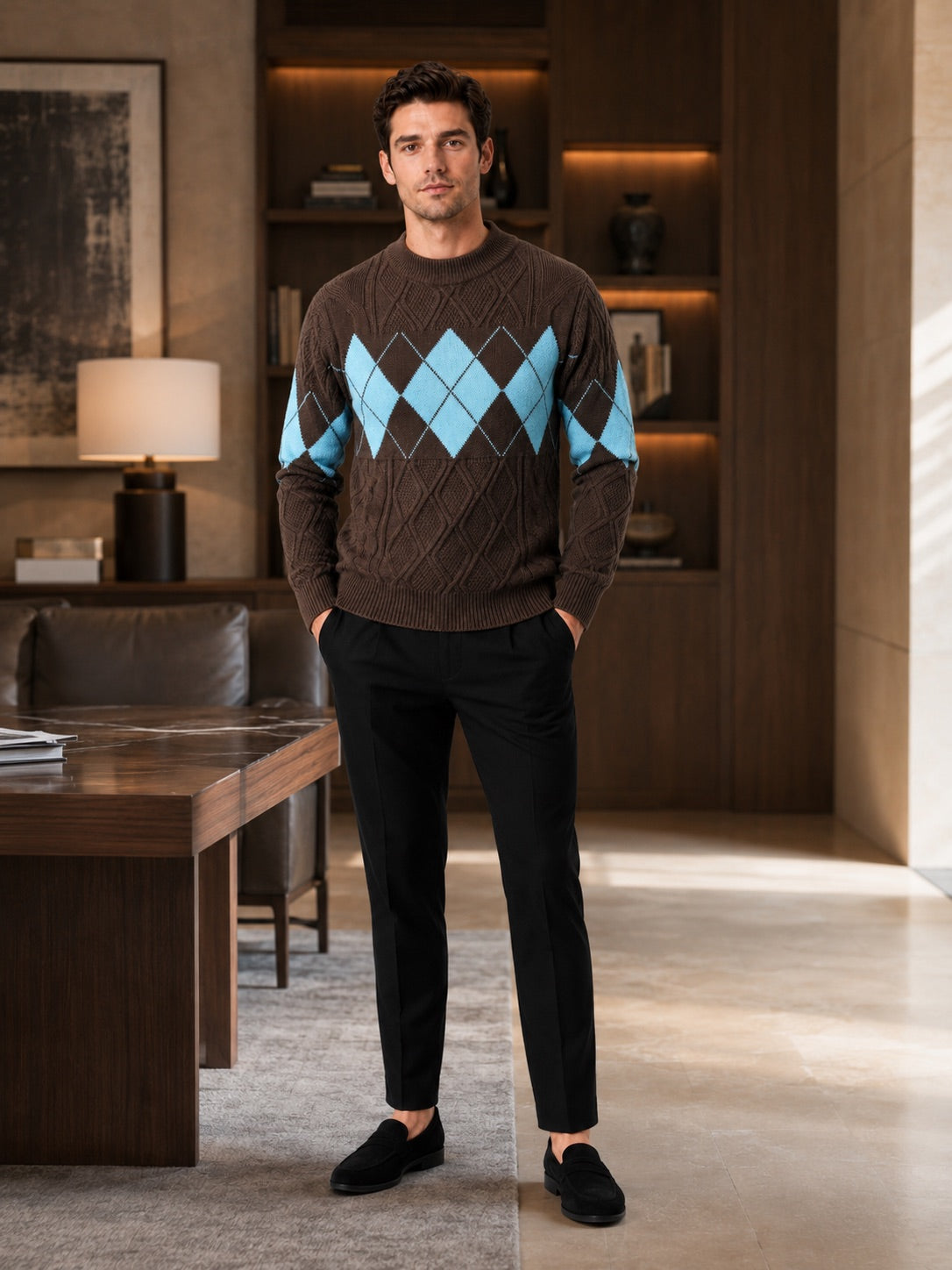 Men’s Argyle Cable Knit Jumper Mock Neck Patchwork Warm Autumn Winter Pullover for Business Casual and Everyday Wear