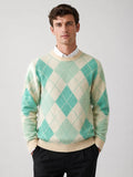 Men’s Wool Argyle Jumper Crew Neck Thick Knit  Autumn Winter Pullover for Business Casual and Everyday Wear