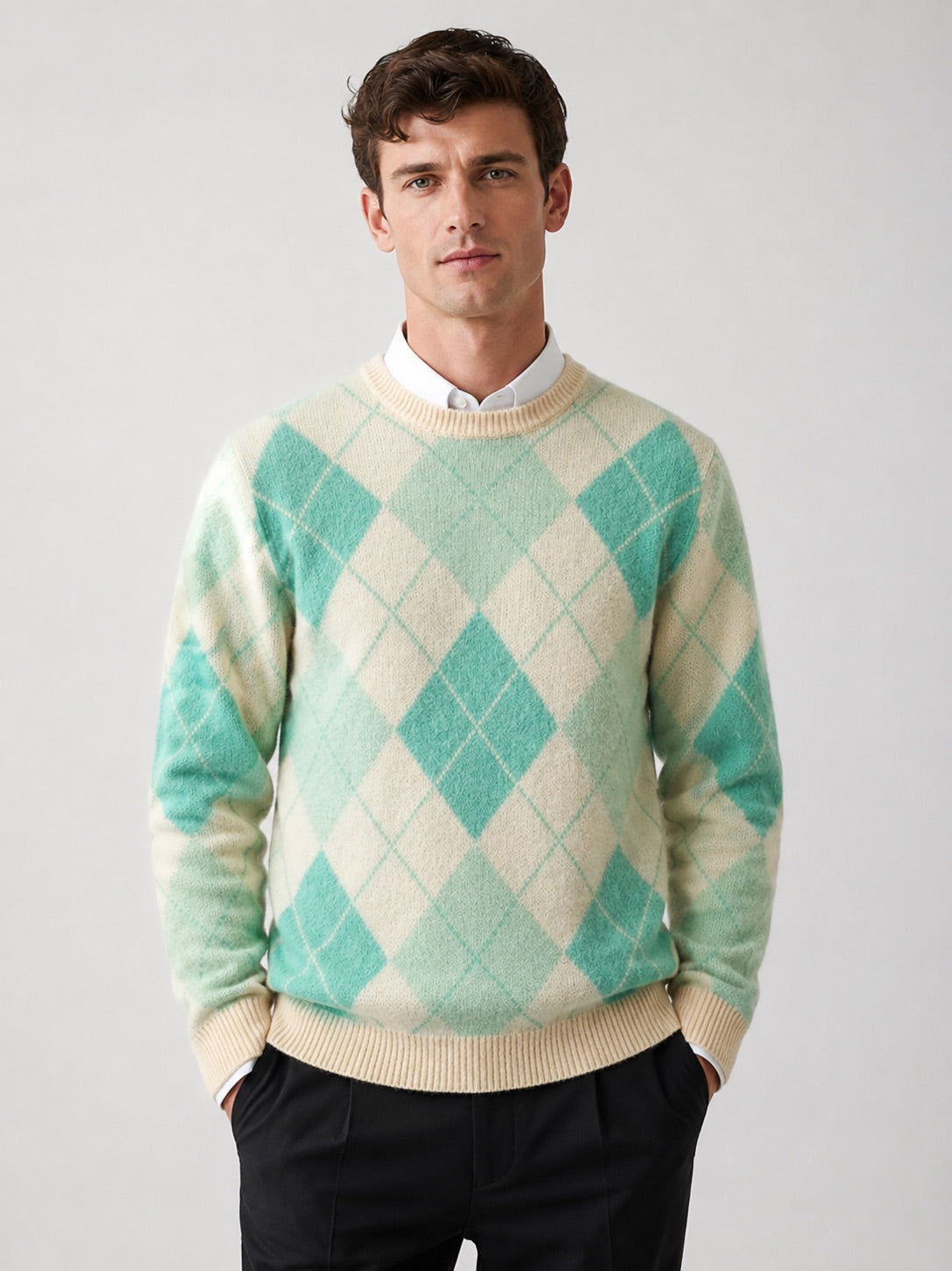 Men’s Wool Argyle Jumper Crew Neck Thick Knit  Autumn Winter Pullover for Business Casual and Everyday Wear