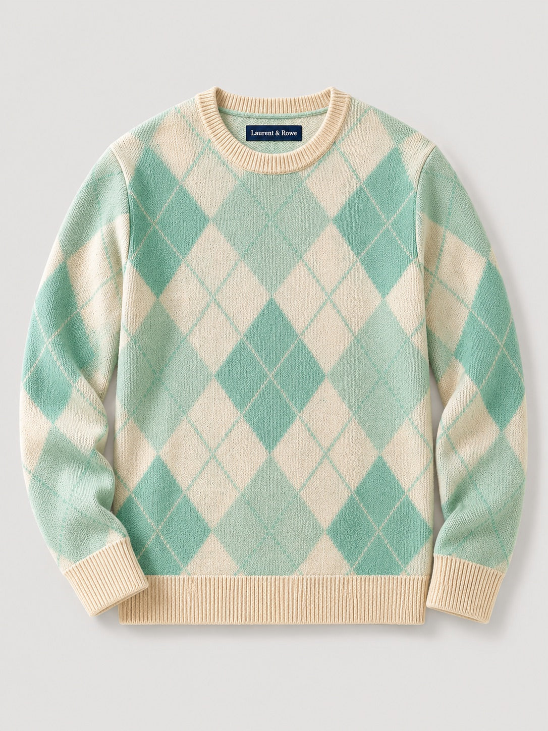 Men’s Wool Argyle Jumper Crew Neck Thick Knit  Autumn Winter Pullover for Business Casual and Everyday Wear
