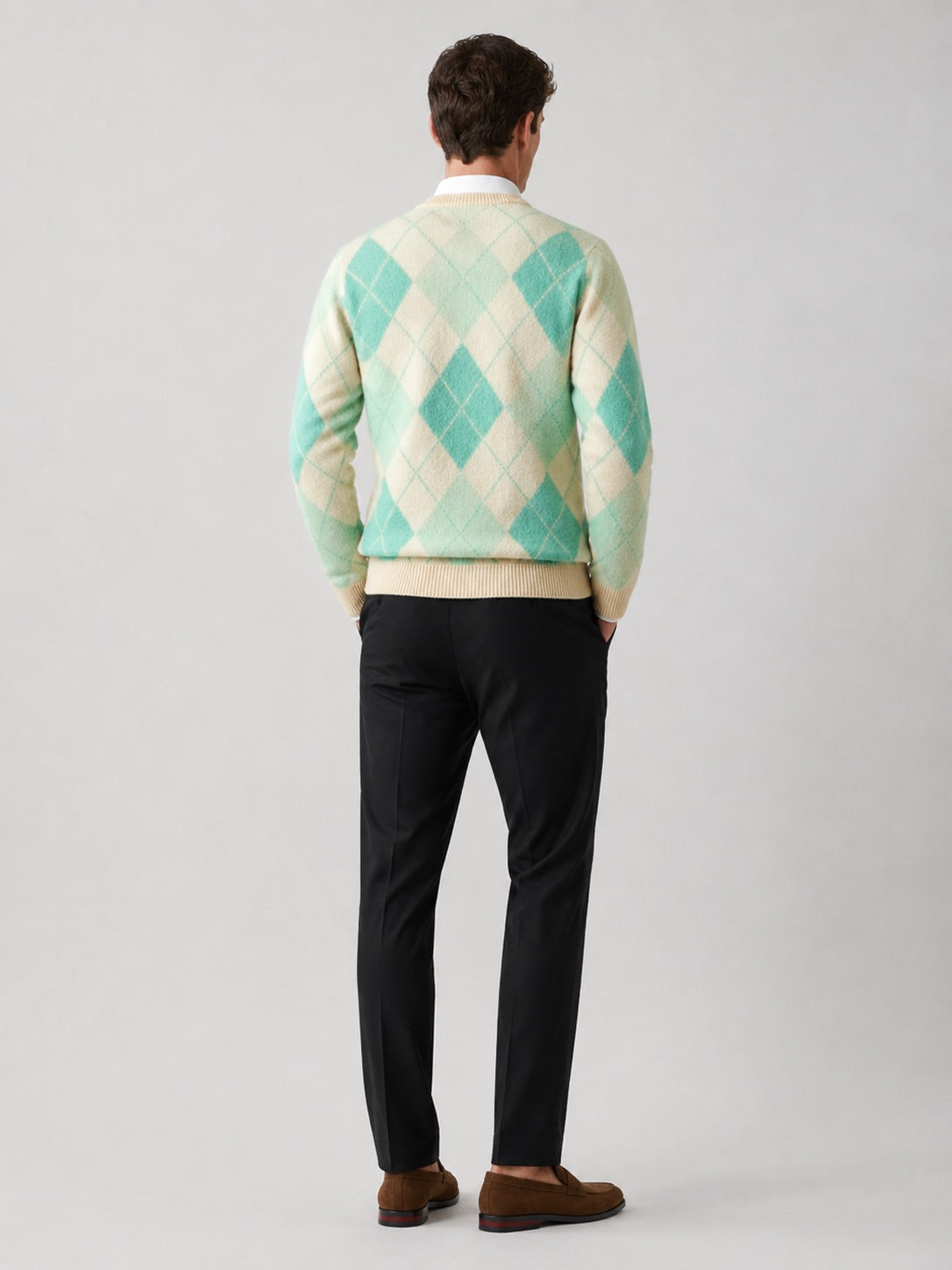Men’s Wool Argyle Jumper Crew Neck Thick Knit  Autumn Winter Pullover for Business Casual and Everyday Wear