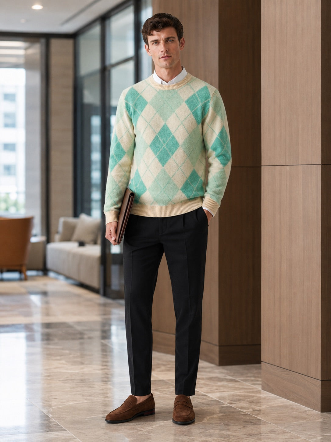 Men’s Wool Argyle Jumper Crew Neck Thick Knit  Autumn Winter Pullover for Business Casual and Everyday Wear
