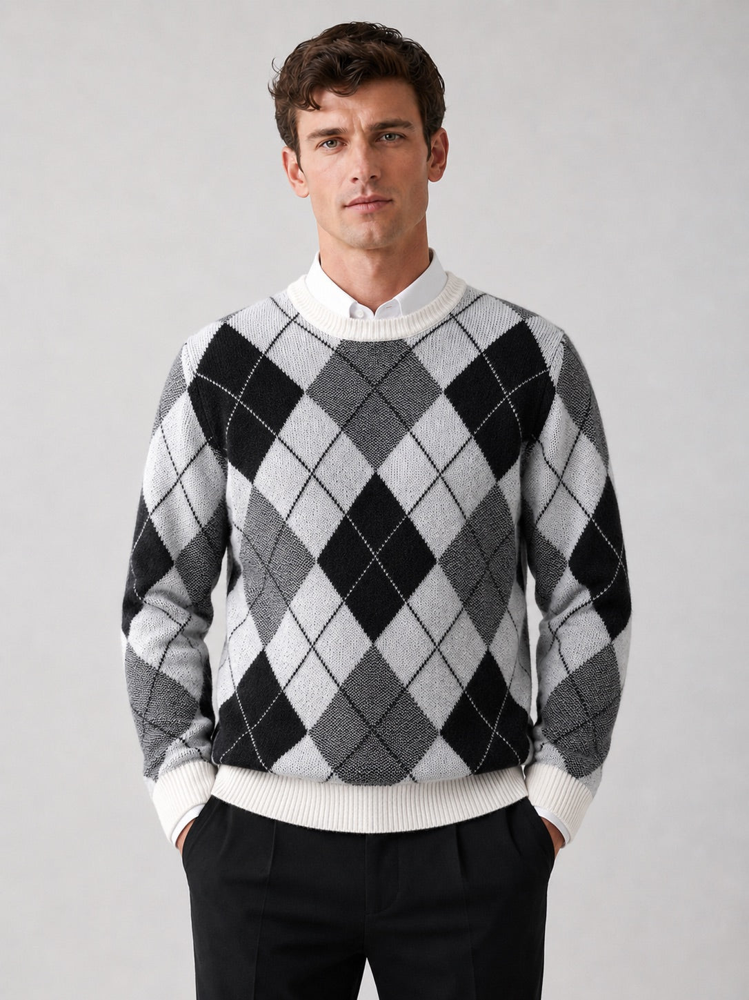 Men’s Wool Argyle Jumper Crew Neck Thick Knit  Autumn Winter Pullover for Business Casual and Everyday Wear