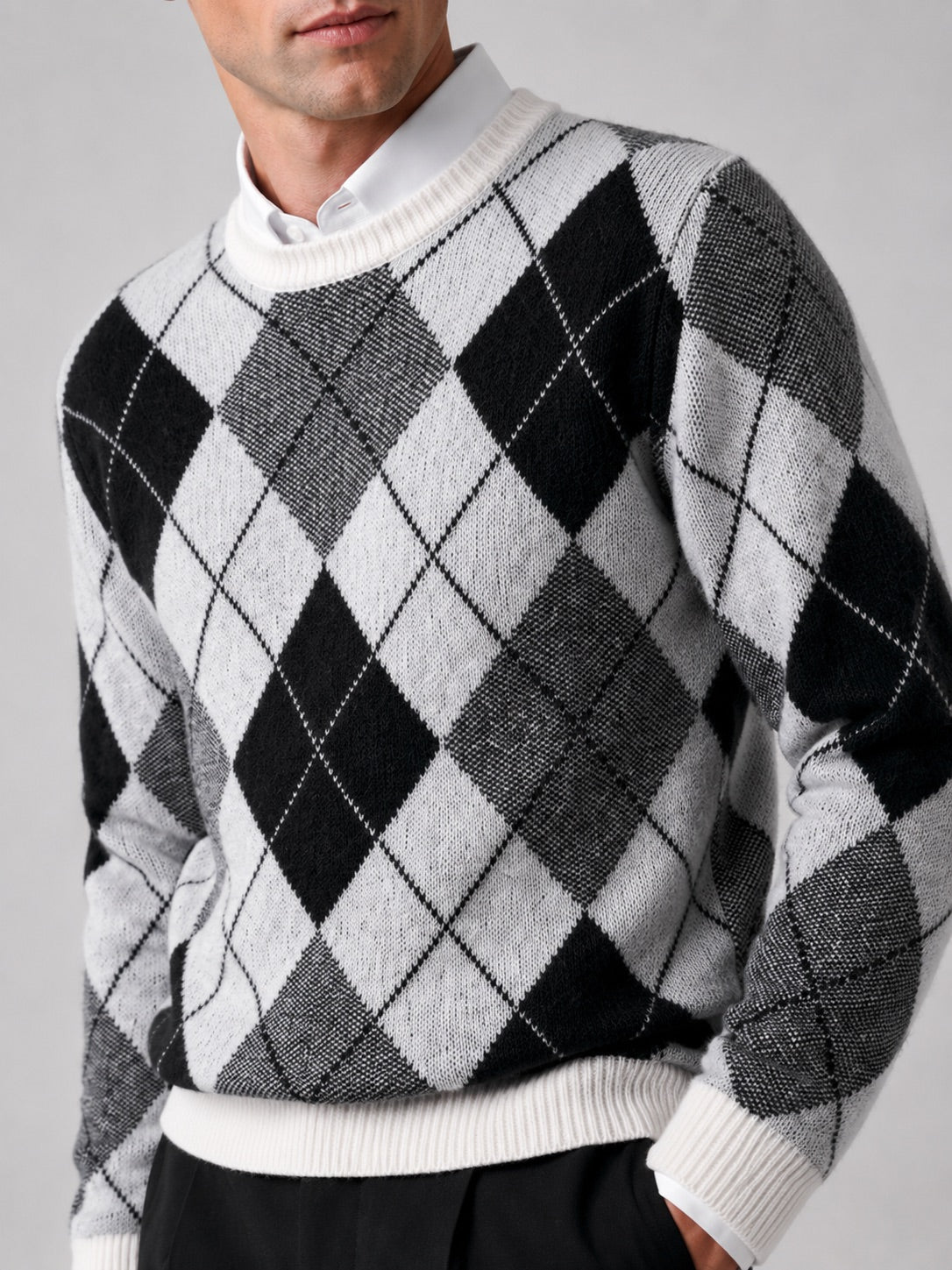 Men’s Wool Argyle Jumper Crew Neck Thick Knit  Autumn Winter Pullover for Business Casual and Everyday Wear