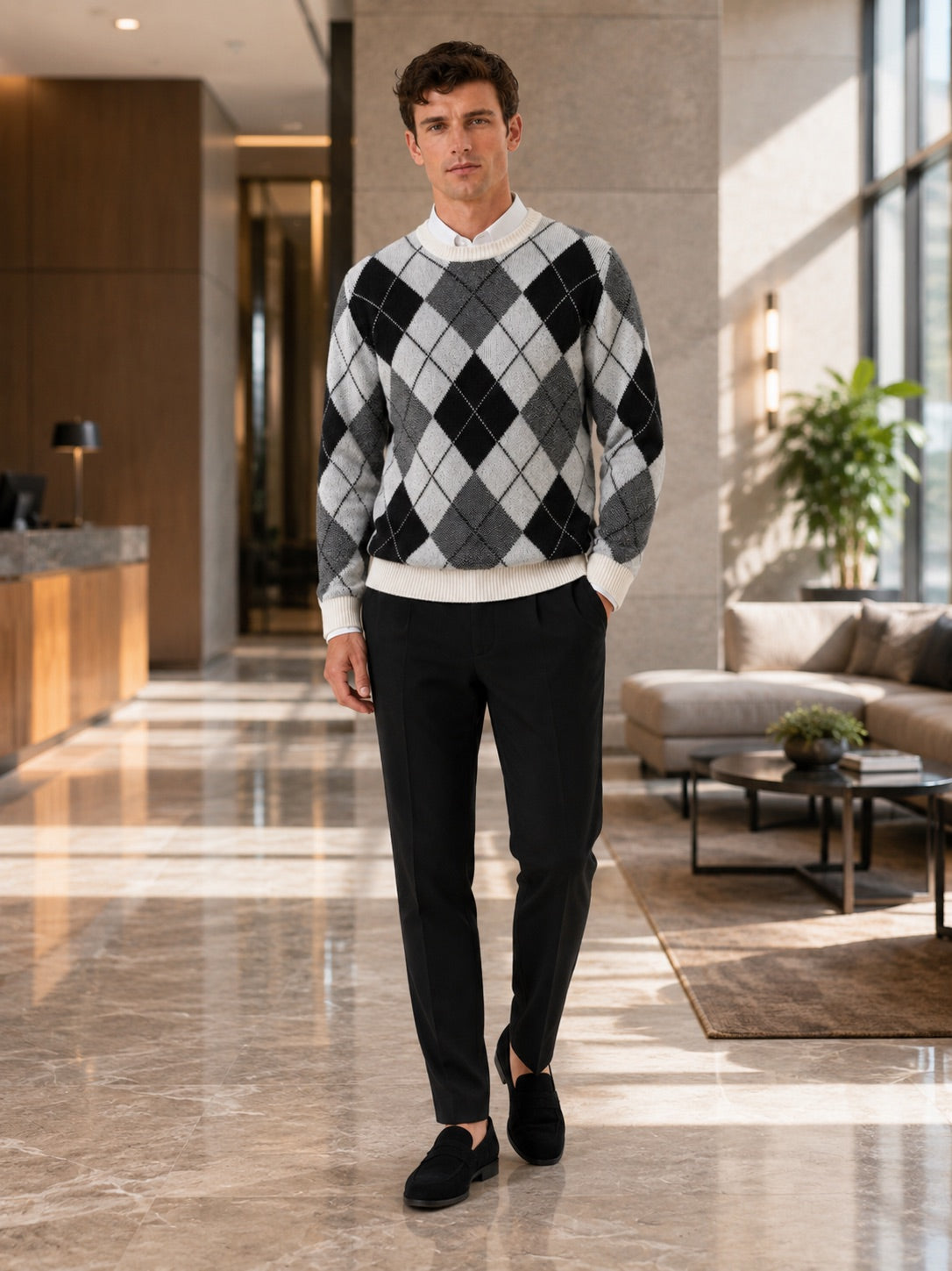 Men’s Wool Argyle Jumper Crew Neck Thick Knit  Autumn Winter Pullover for Business Casual and Everyday Wear