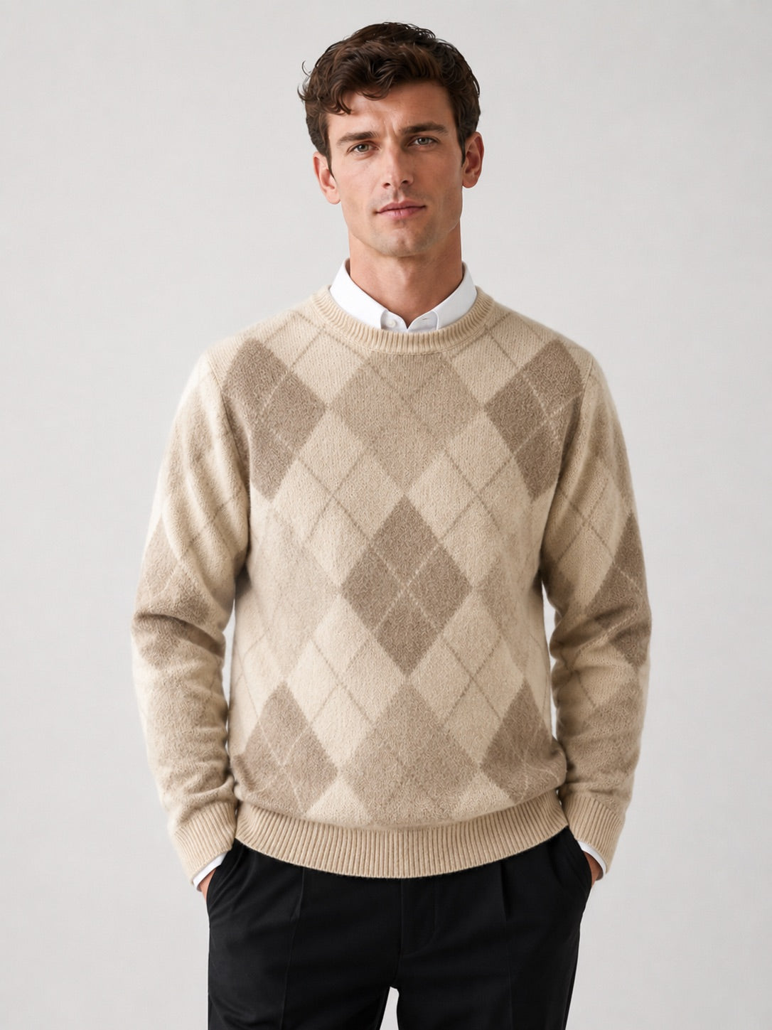 Men’s Wool Argyle Jumper Crew Neck Thick Knit  Autumn Winter Pullover for Business Casual and Everyday Wear