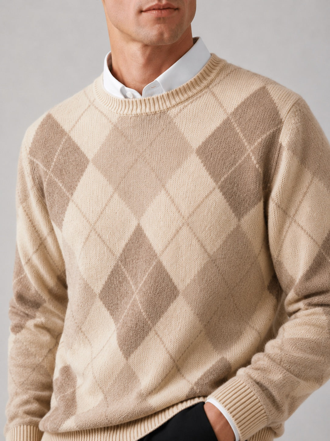Men’s Wool Argyle Jumper Crew Neck Thick Knit  Autumn Winter Pullover for Business Casual and Everyday Wear