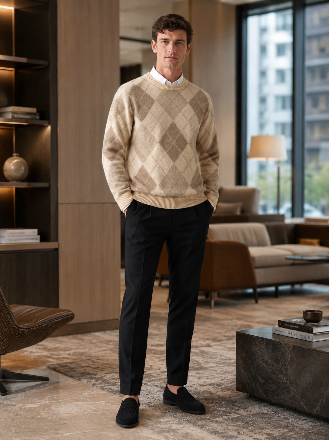 Men’s Wool Argyle Jumper Crew Neck Thick Knit  Autumn Winter Pullover for Business Casual and Everyday Wear