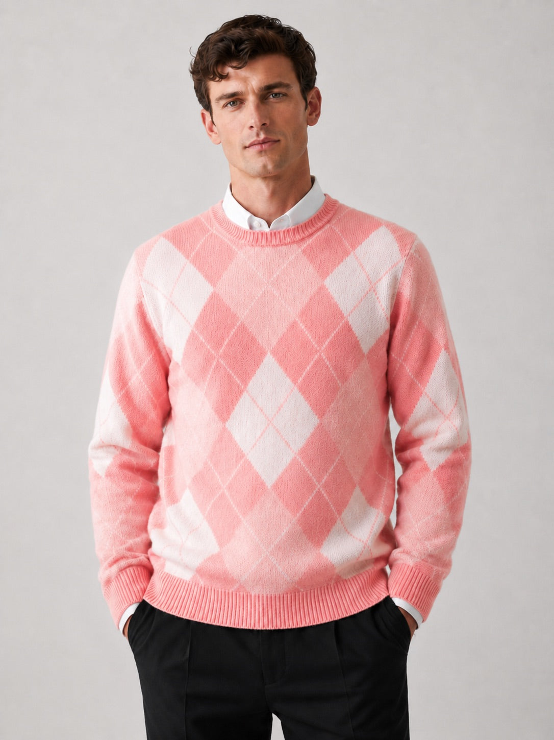 Men’s Wool Argyle Jumper Crew Neck Thick Knit  Autumn Winter Pullover for Business Casual and Everyday Wear