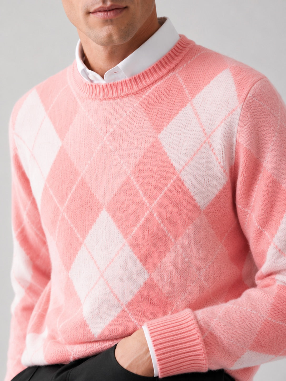 Men’s Wool Argyle Jumper Crew Neck Thick Knit  Autumn Winter Pullover for Business Casual and Everyday Wear