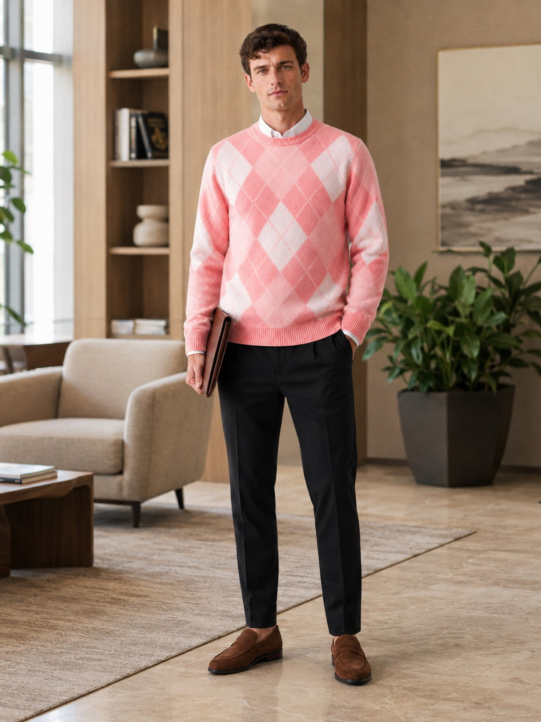 Men’s Wool Argyle Jumper Crew Neck Thick Knit  Autumn Winter Pullover for Business Casual and Everyday Wear