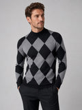 Men’s Argyle Roll Neck Jumper Slim Fit Stretch Knit Long Sleeve Warm Autumn Winter Pullover for Business Casual and Everyday Wear
