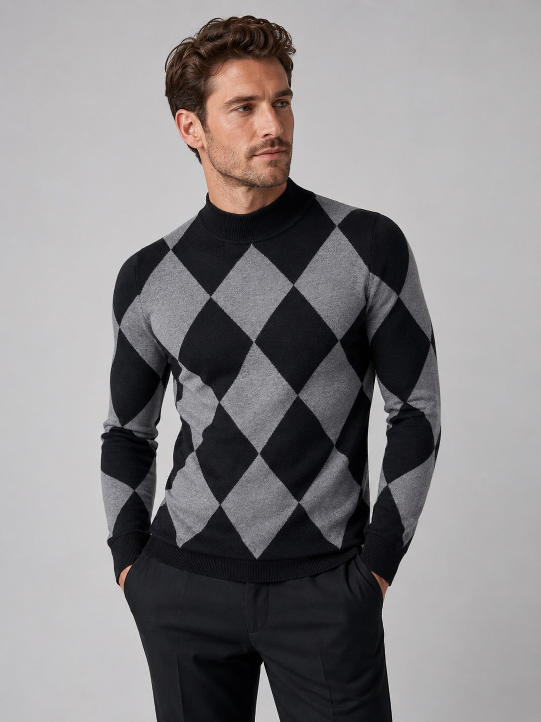 Men’s Argyle Roll Neck Jumper Slim Fit Stretch Knit Long Sleeve Warm Autumn Winter Pullover for Business Casual and Everyday Wear