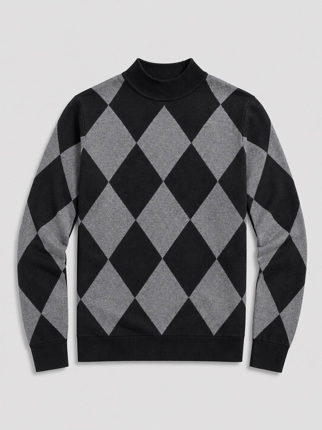 Men’s Argyle Roll Neck Jumper Slim Fit Stretch Knit Long Sleeve Warm Autumn Winter Pullover for Business Casual and Everyday Wear