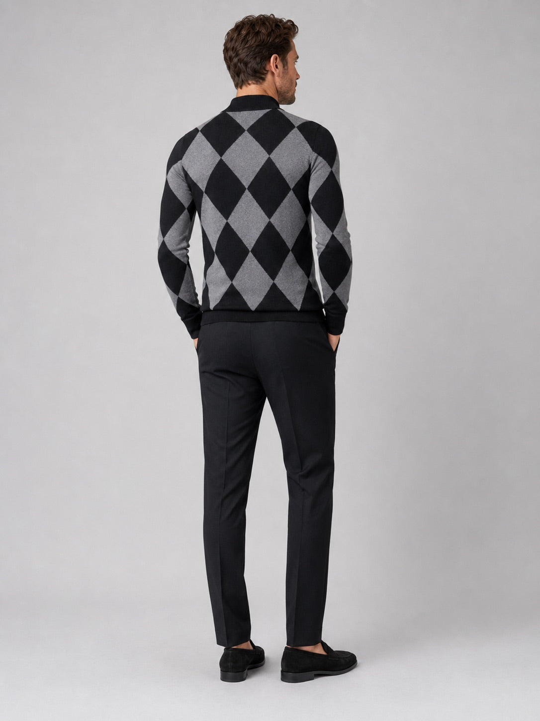 Men’s Argyle Roll Neck Jumper Slim Fit Stretch Knit Long Sleeve Warm Autumn Winter Pullover for Business Casual and Everyday Wear