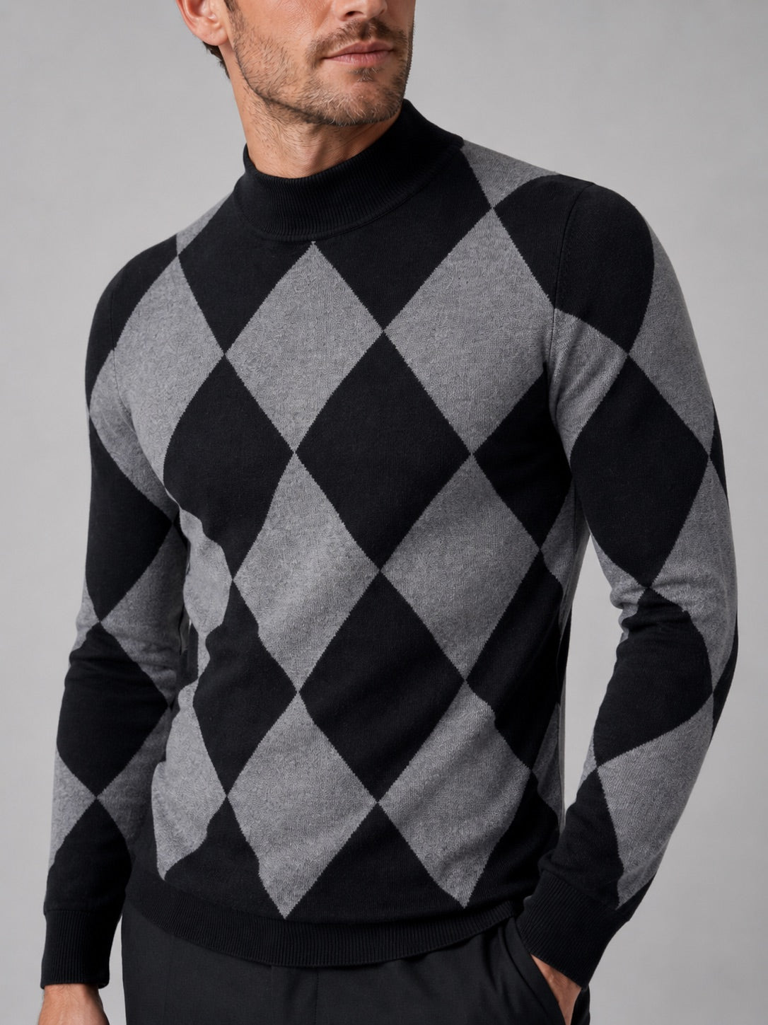 Men’s Argyle Roll Neck Jumper Slim Fit Stretch Knit Long Sleeve Warm Autumn Winter Pullover for Business Casual and Everyday Wear