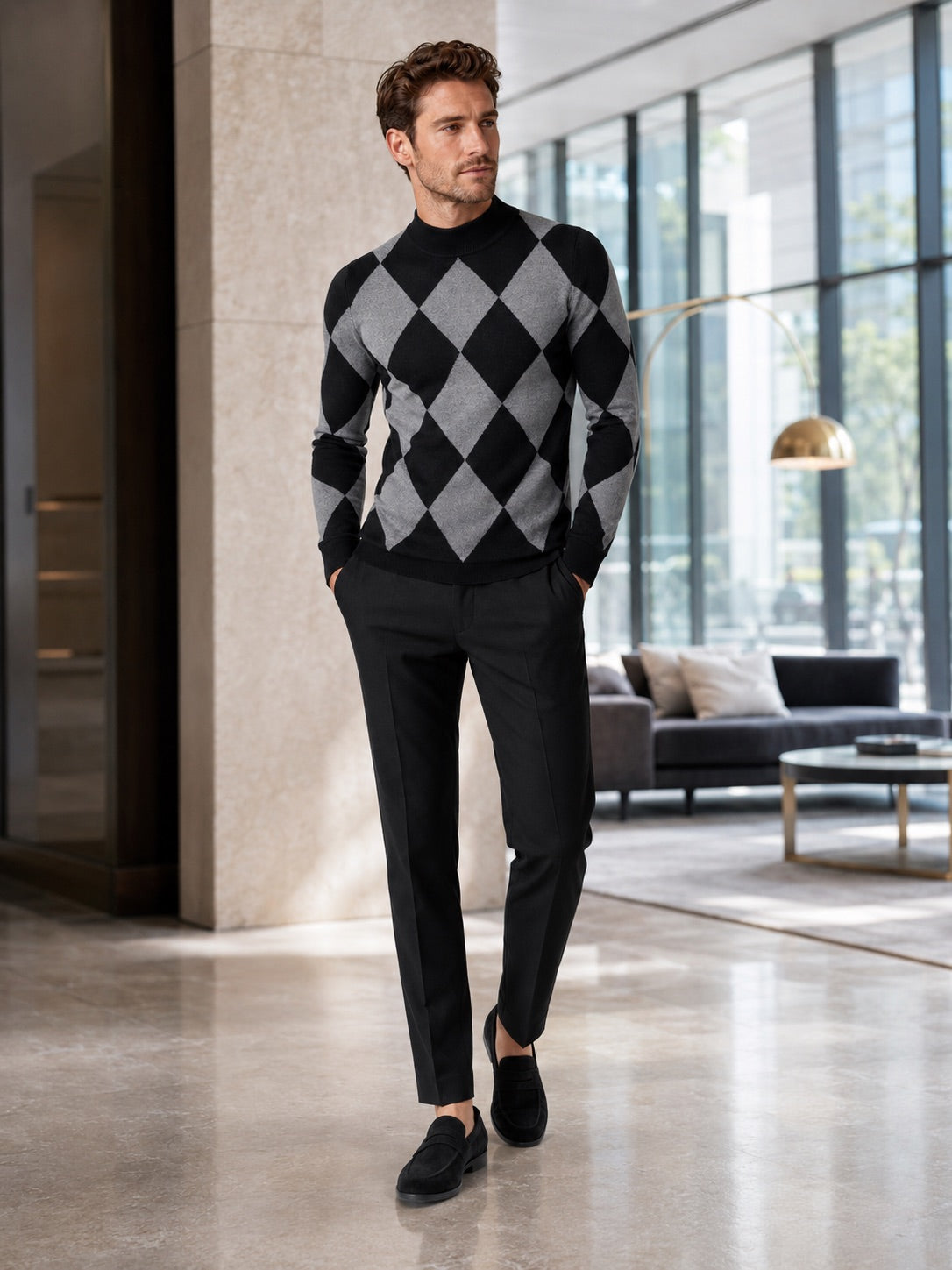 Men’s Argyle Roll Neck Jumper Slim Fit Stretch Knit Long Sleeve Warm Autumn Winter Pullover for Business Casual and Everyday Wear