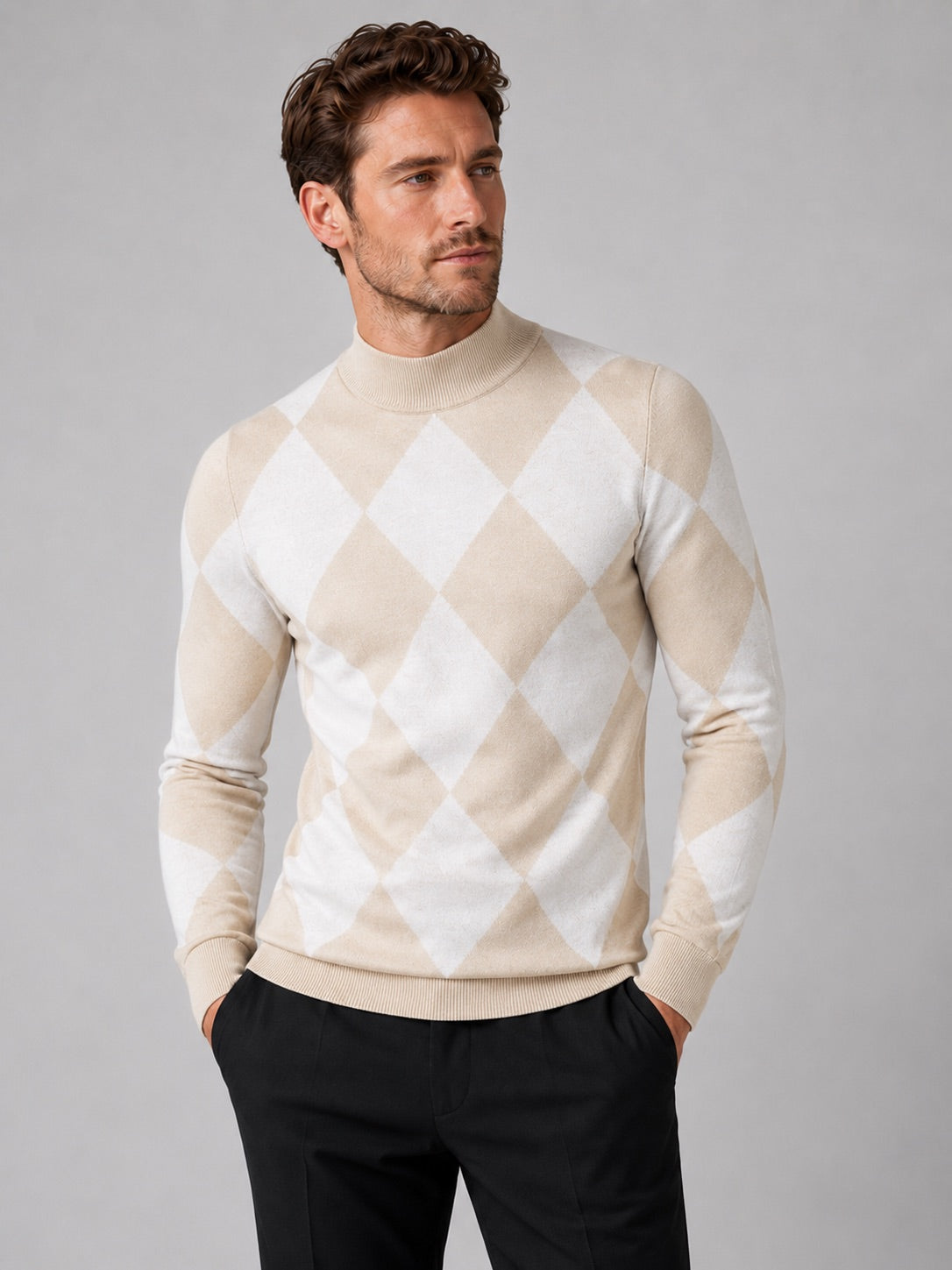 Men’s Argyle Roll Neck Jumper Slim Fit Stretch Knit Long Sleeve Warm Autumn Winter Pullover for Business Casual and Everyday Wear