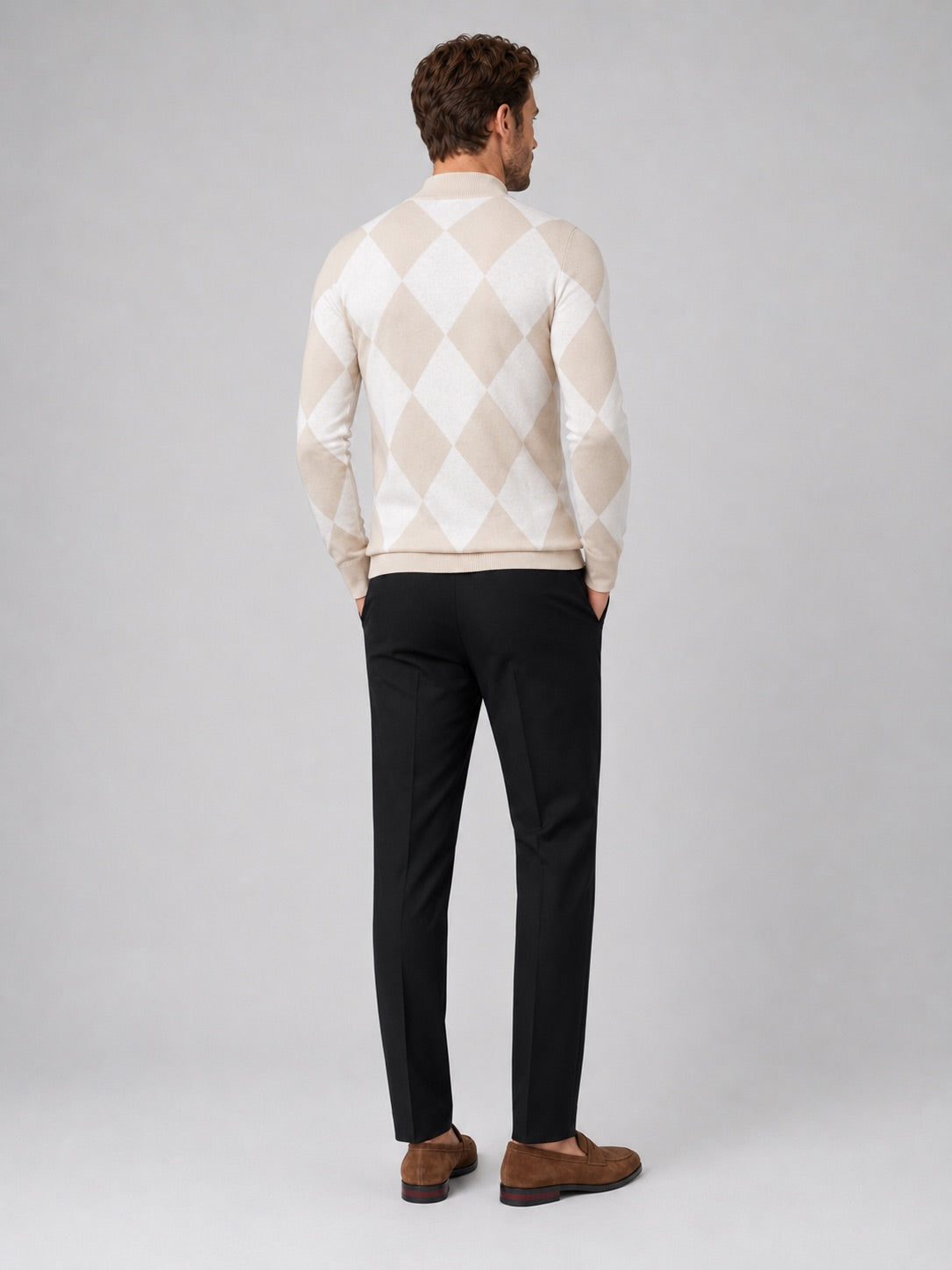 Men’s Argyle Roll Neck Jumper Slim Fit Stretch Knit Long Sleeve Warm Autumn Winter Pullover for Business Casual and Everyday Wear