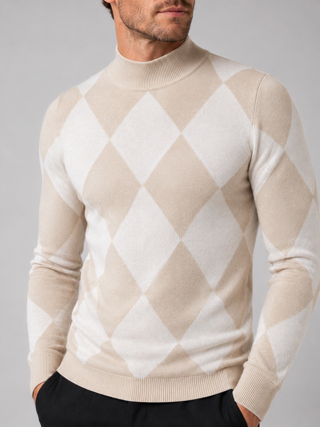 Men’s Argyle Roll Neck Jumper Slim Fit Stretch Knit Long Sleeve Warm Autumn Winter Pullover for Business Casual and Everyday Wear