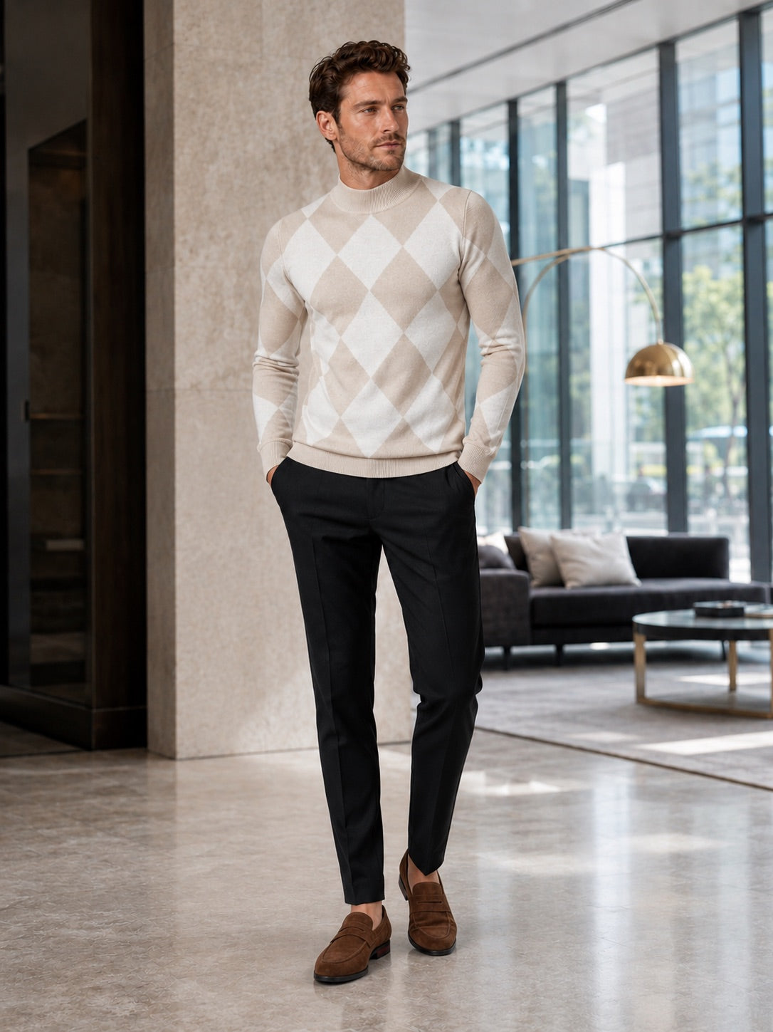 Men’s Argyle Roll Neck Jumper Slim Fit Stretch Knit Long Sleeve Warm Autumn Winter Pullover for Business Casual and Everyday Wear