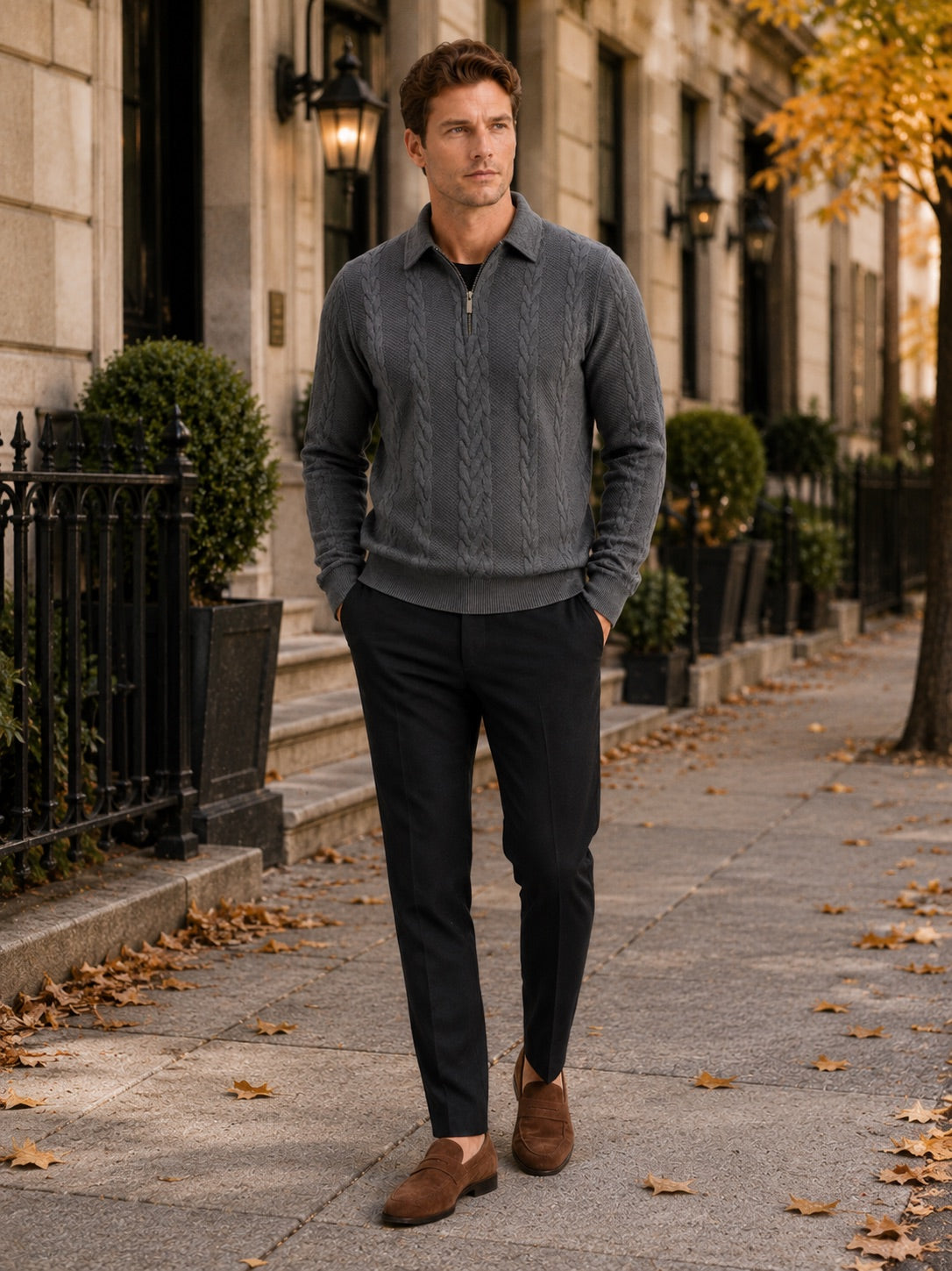 Men’s Quarter Zip Jumper Long Sleeve Turn-Down Collar Autumn Winter Pullover for Casual and Everyday Wear