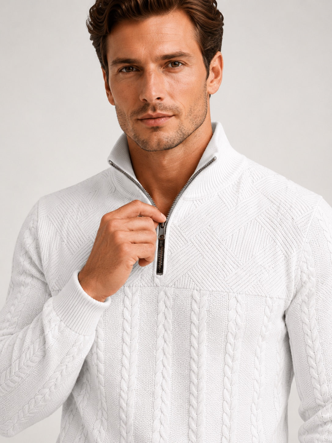 Men’s Quarter Zip Jumper Jacquard Long Sleeve Warm Autumn Winter Pullover for Casual and Everyday Wear