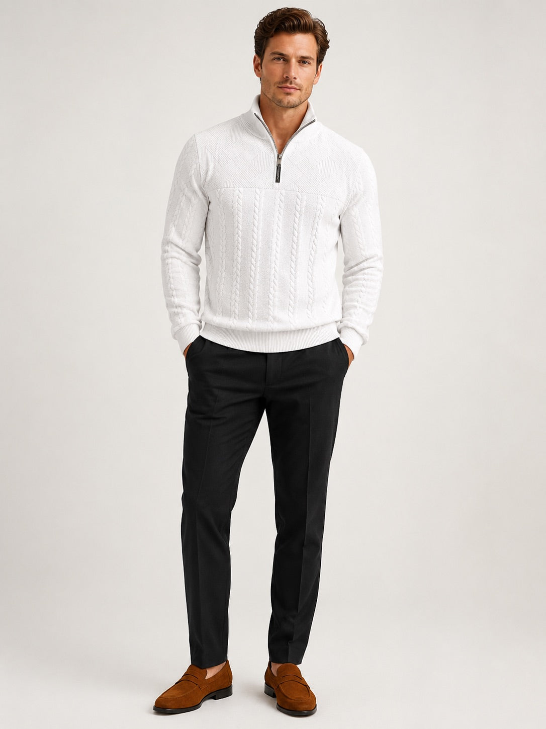Men’s Quarter Zip Jumper Jacquard Long Sleeve Warm Autumn Winter Pullover for Casual and Everyday Wear