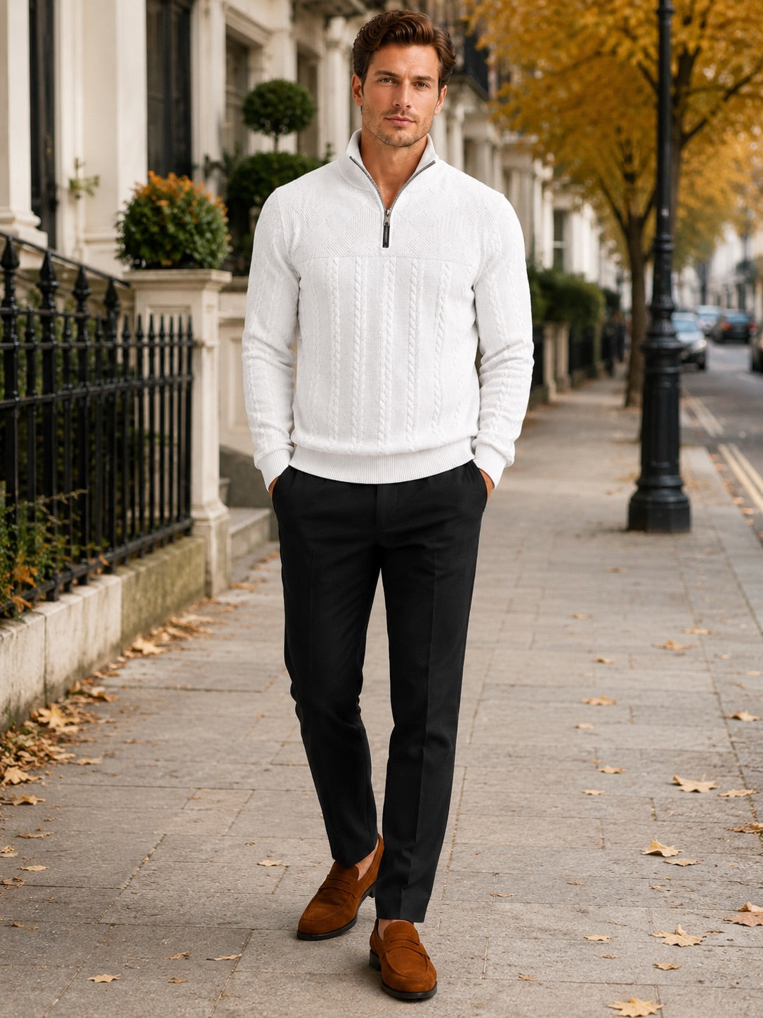 Men’s Quarter Zip Jumper Jacquard Long Sleeve Warm Autumn Winter Pullover for Casual and Everyday Wear