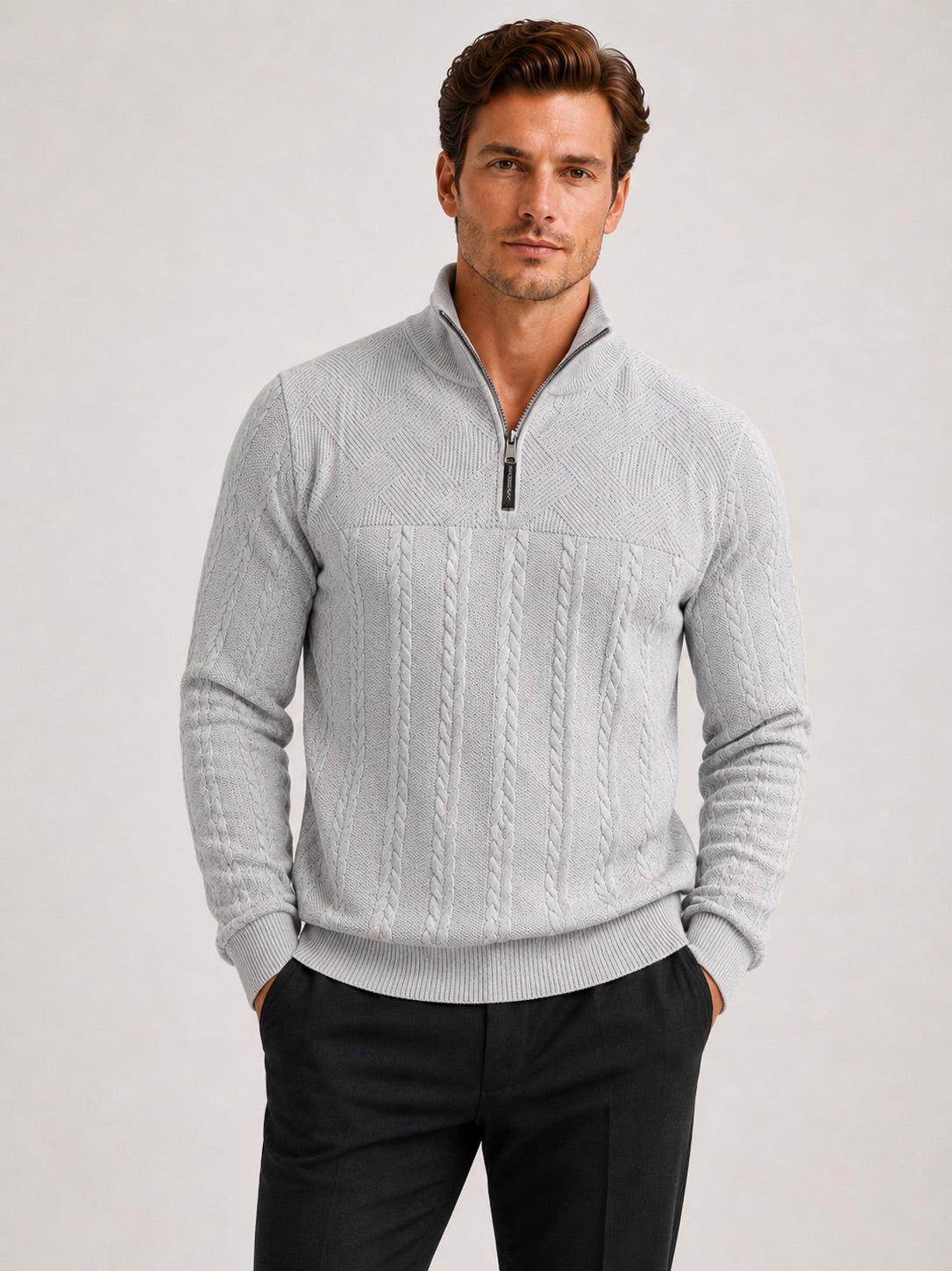 Men’s Quarter Zip Jumper Jacquard Long Sleeve Warm Autumn Winter Pullover for Casual and Everyday Wear